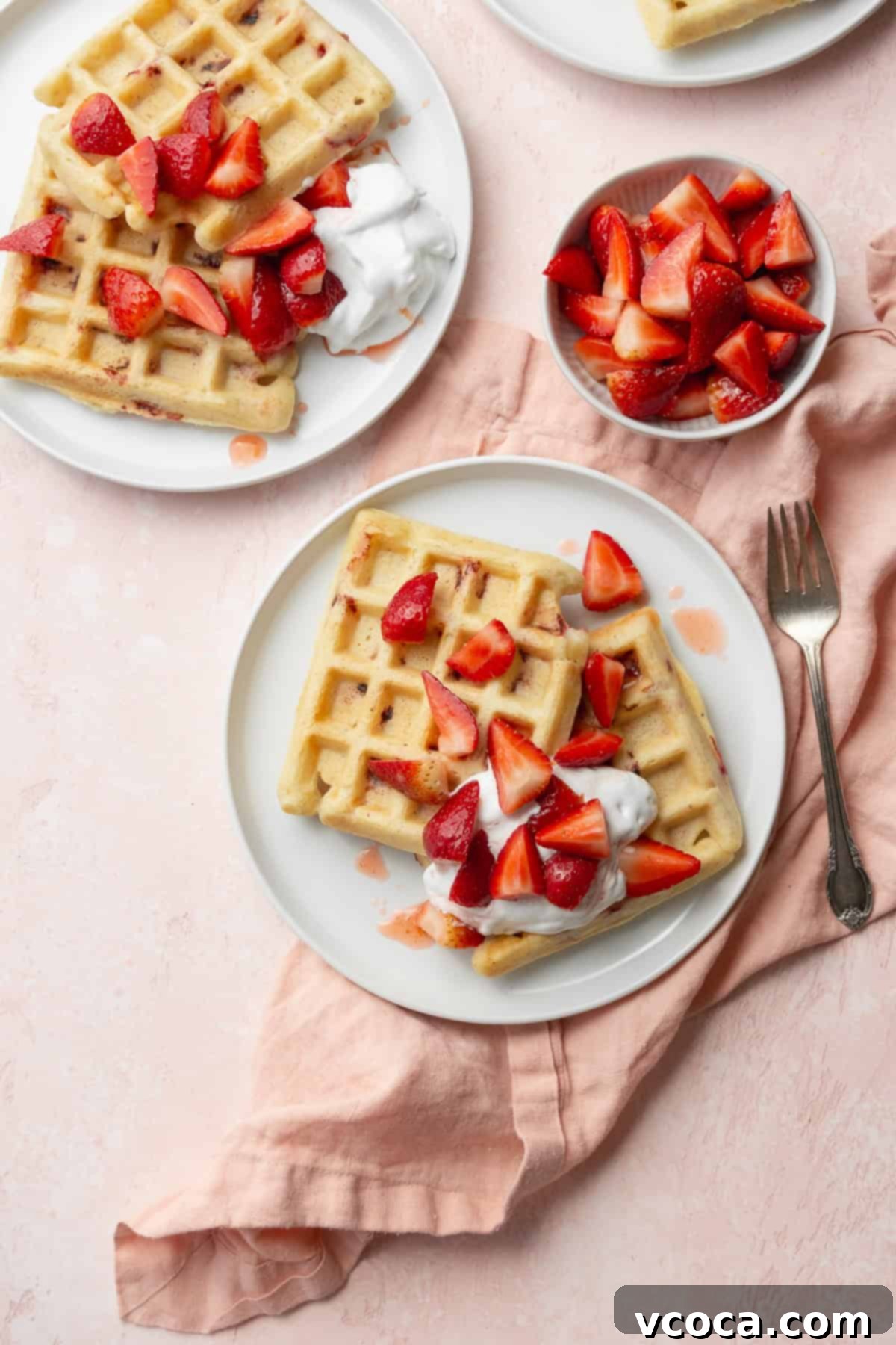 Fresh Strawberry Waffles 3 Two plates of waffles with strawberry topping next to a small bowl of strawberries on a pink surface with a pink napkin.