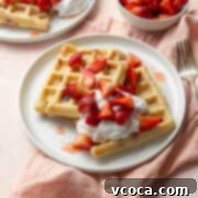 Fresh Strawberry Waffles 4 Two strawberry waffles on a white plate with whipped cream and sliced strawberries on top, on a pink napkin on a pink surface.
