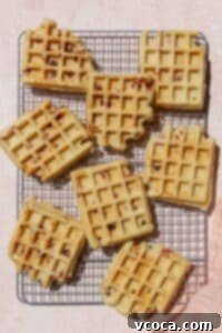 Cooked waffles on a wire rack.
