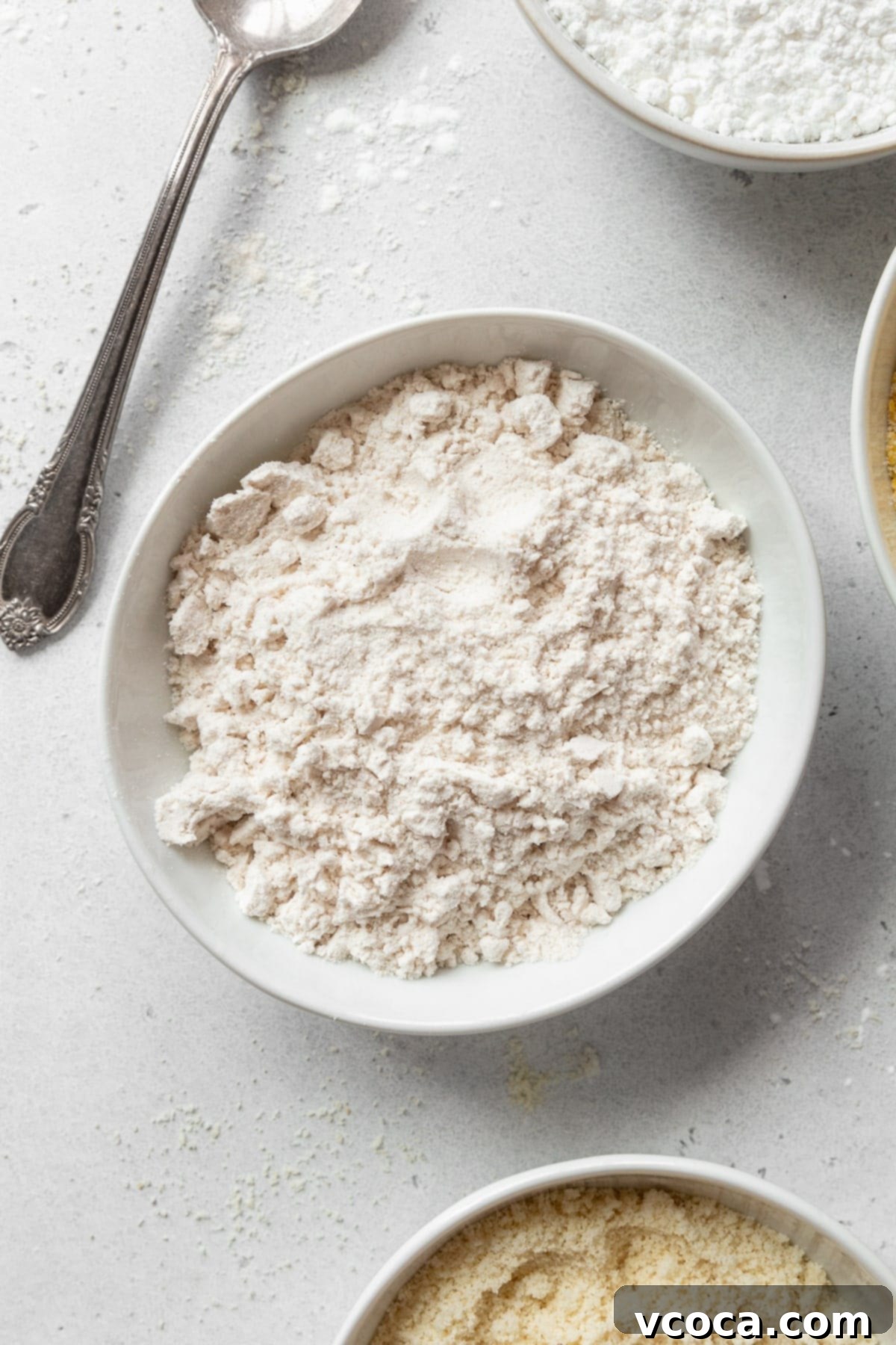 My Go-To Gluten Free Flours 3 Gluten-free all-purpose flour in a bowl with more bowls around it.