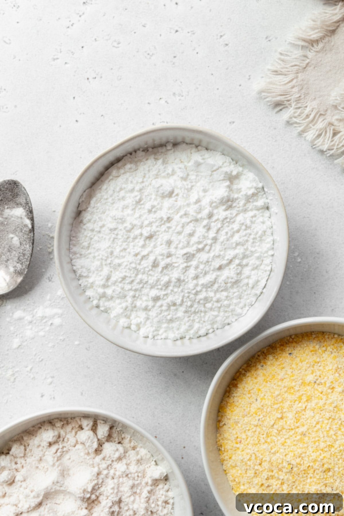My Go-To Gluten Free Flours 6 A bowl of rice flour with a bowl of cornmeal on the side.