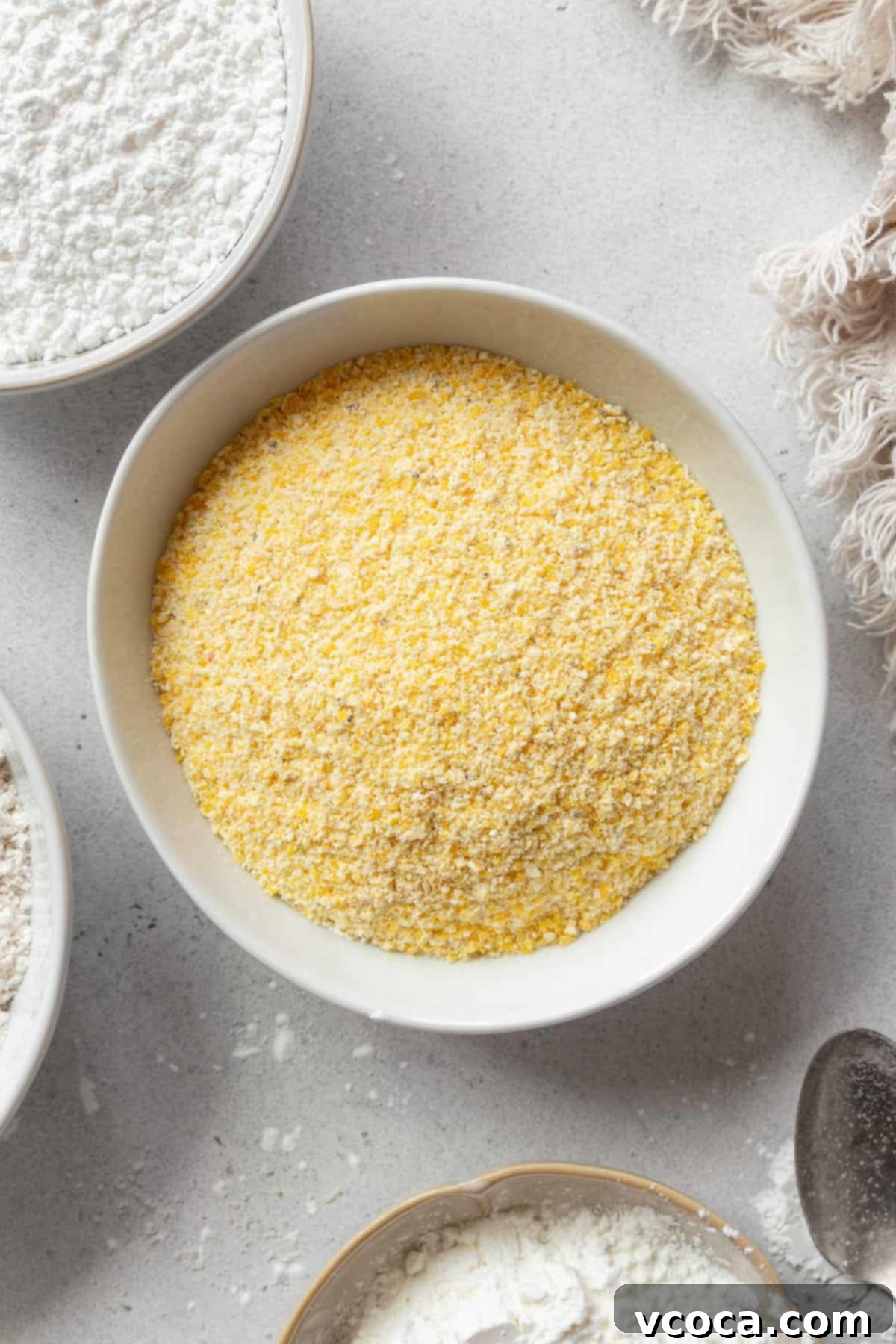 My Go-To Gluten Free Flours 7 A bowl of cornmeal with bowls of other flours around it.