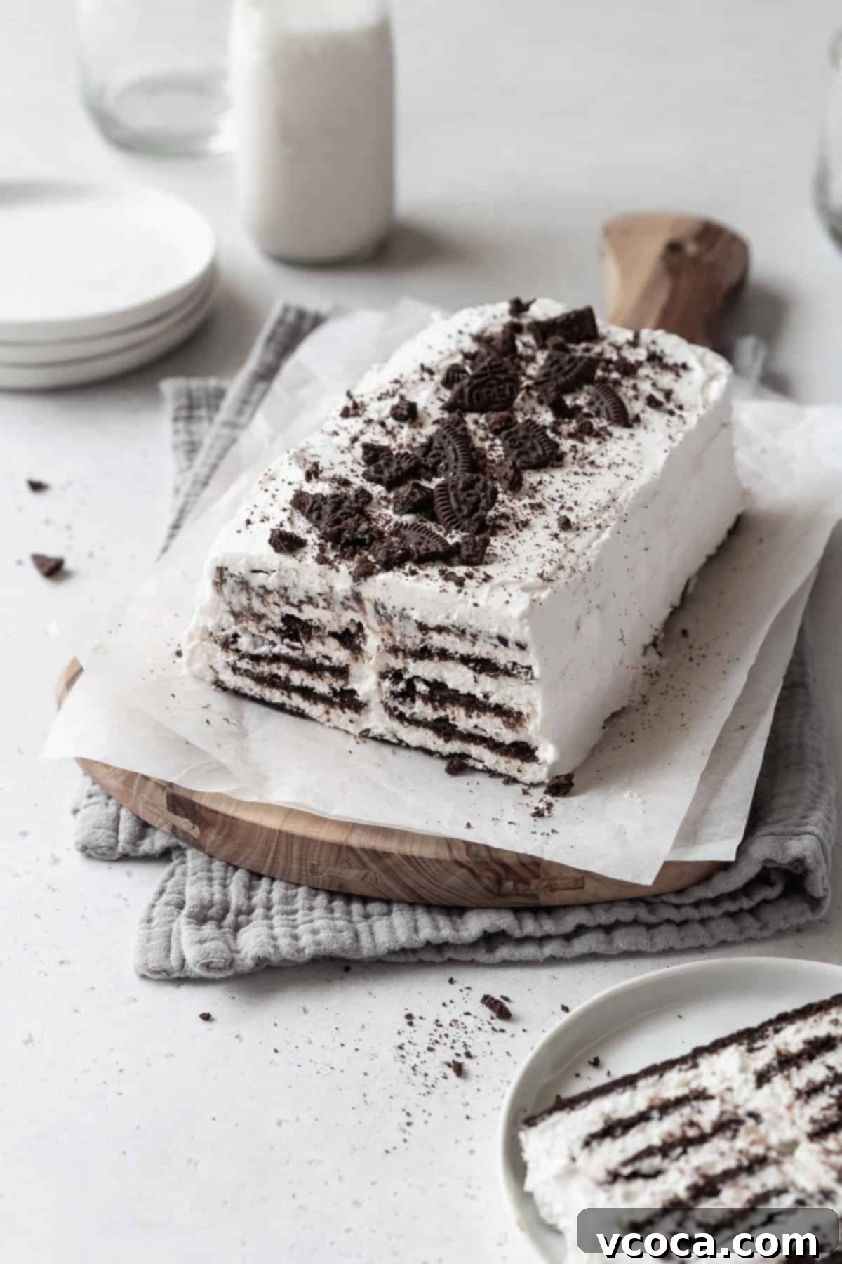 No-Bake Cloud Layers 3 A loaf of icebox cake with cookie crumbs on top on a parchment paper lined wooden board.