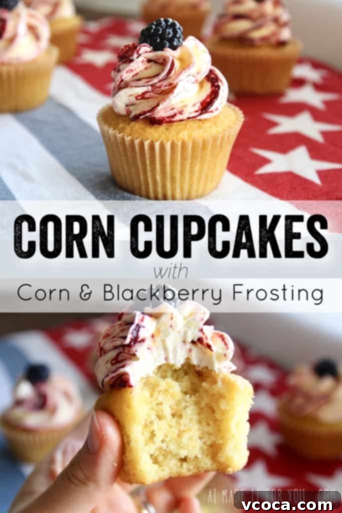 Sweet Corn Cupcakes with Blackberry Corn Frosting 9 A stunning vertical shot of multiple corn cupcakes with swirled corn and blackberry frosting, perfect for a Fourth of July feature.