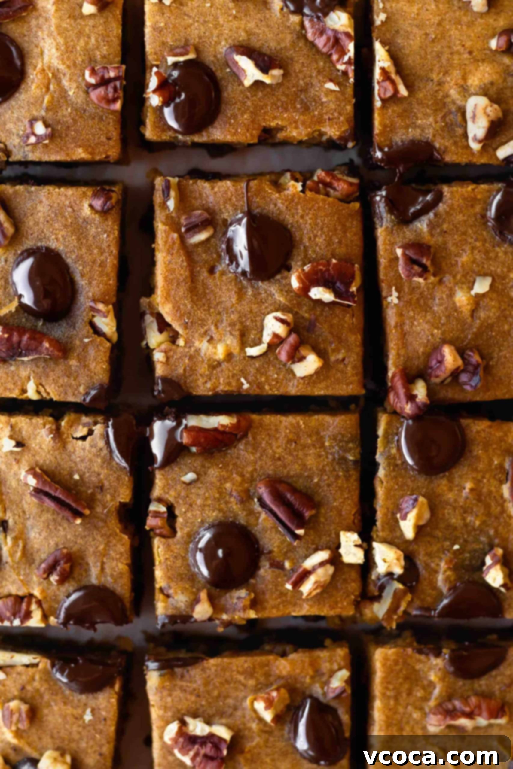 A close-up view of a single square of pumpkin spice blondie, showing its moist interior and generous distribution of chocolate chips and pecans.