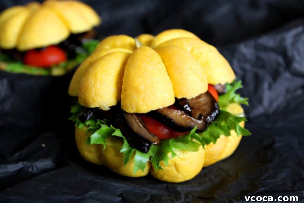 Warm Pumpkin Buns and Savory Shiitake BLT 2 Fluffy homemade pumpkin buns serving as the perfect base for delicious shiitake BLT sandwiches, a must-try vegetarian recipe for Halloween, fall, and Thanksgiving.