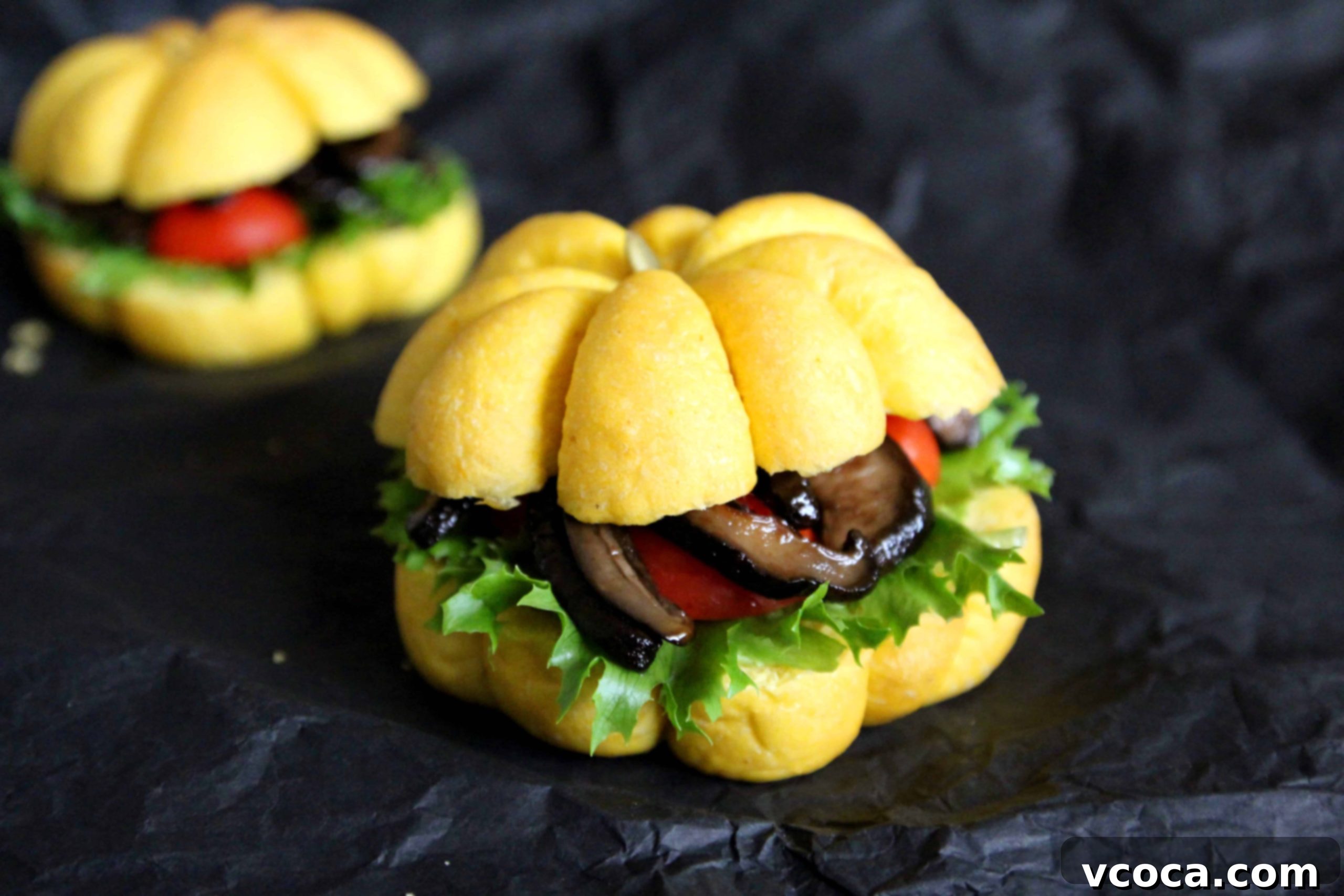 Warm Pumpkin Buns and Savory Shiitake BLT 11 A delicious shiitake BLT sandwich on a pumpkin bun, a perfect vegetarian option for fall.