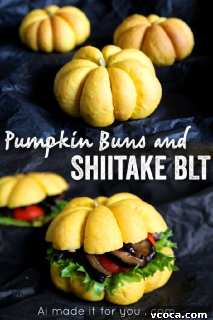 Warm Pumpkin Buns and Savory Shiitake BLT 12 Close-up of a rustic wooden cutting board featuring a stack of pumpkin buns and a prepared shiitake BLT sandwich, ideal for autumn.