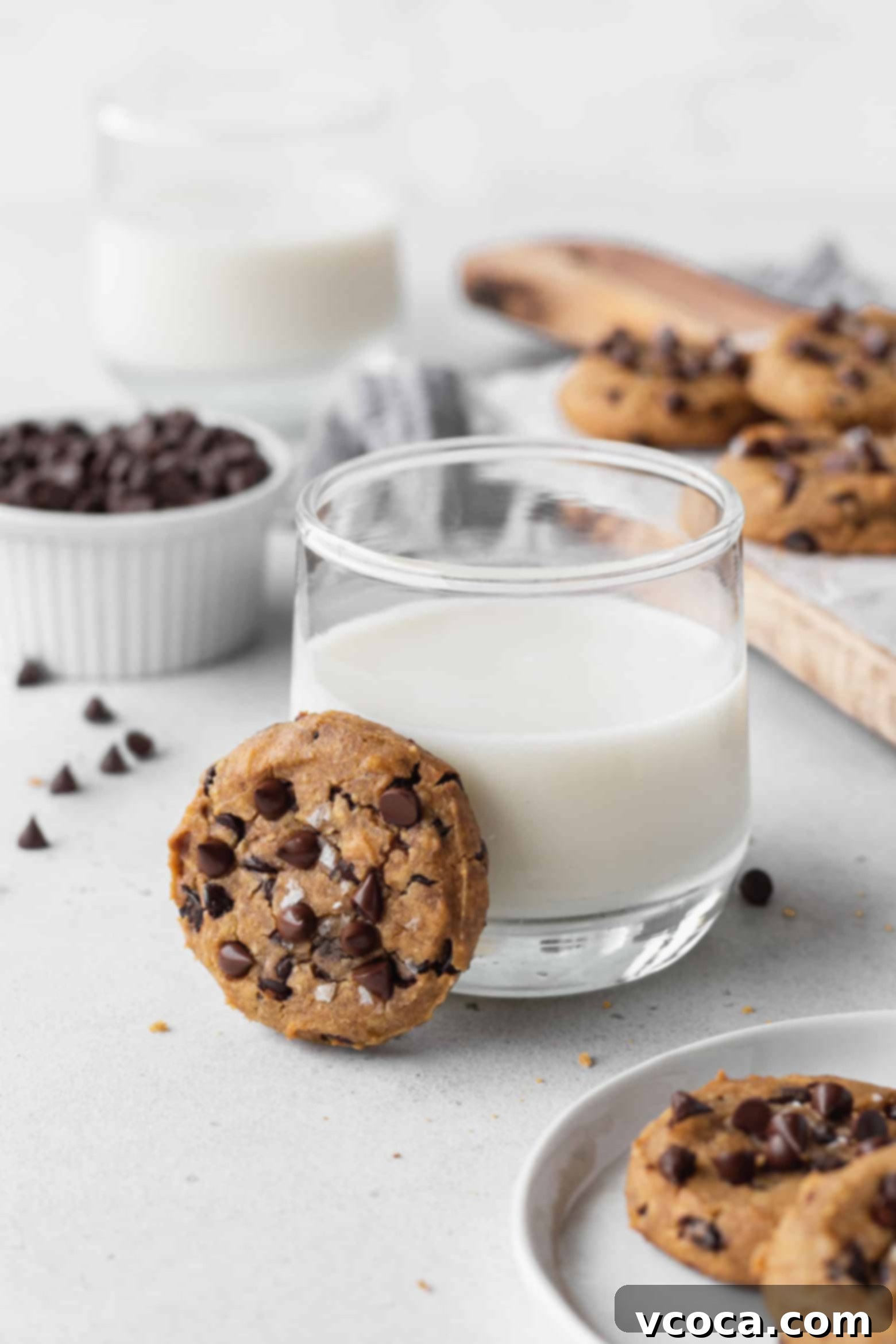 A single chocolate chip chickpea cookie leaning against a glass of milk, invitingly ready for a snack.