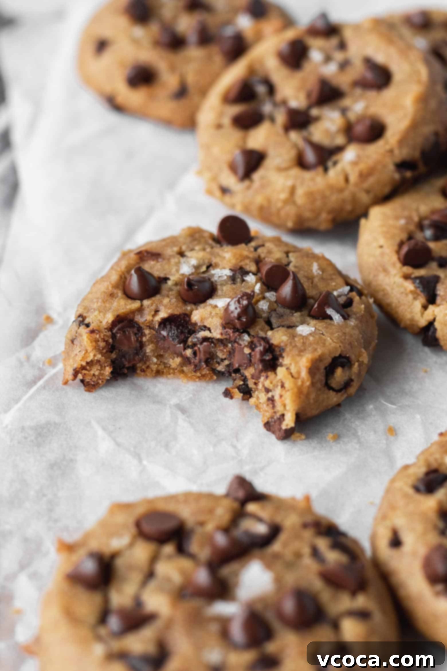 A chocolate chip chickpea cookie with a bite taken out of it, revealing its soft, chewy interior, on a light background.