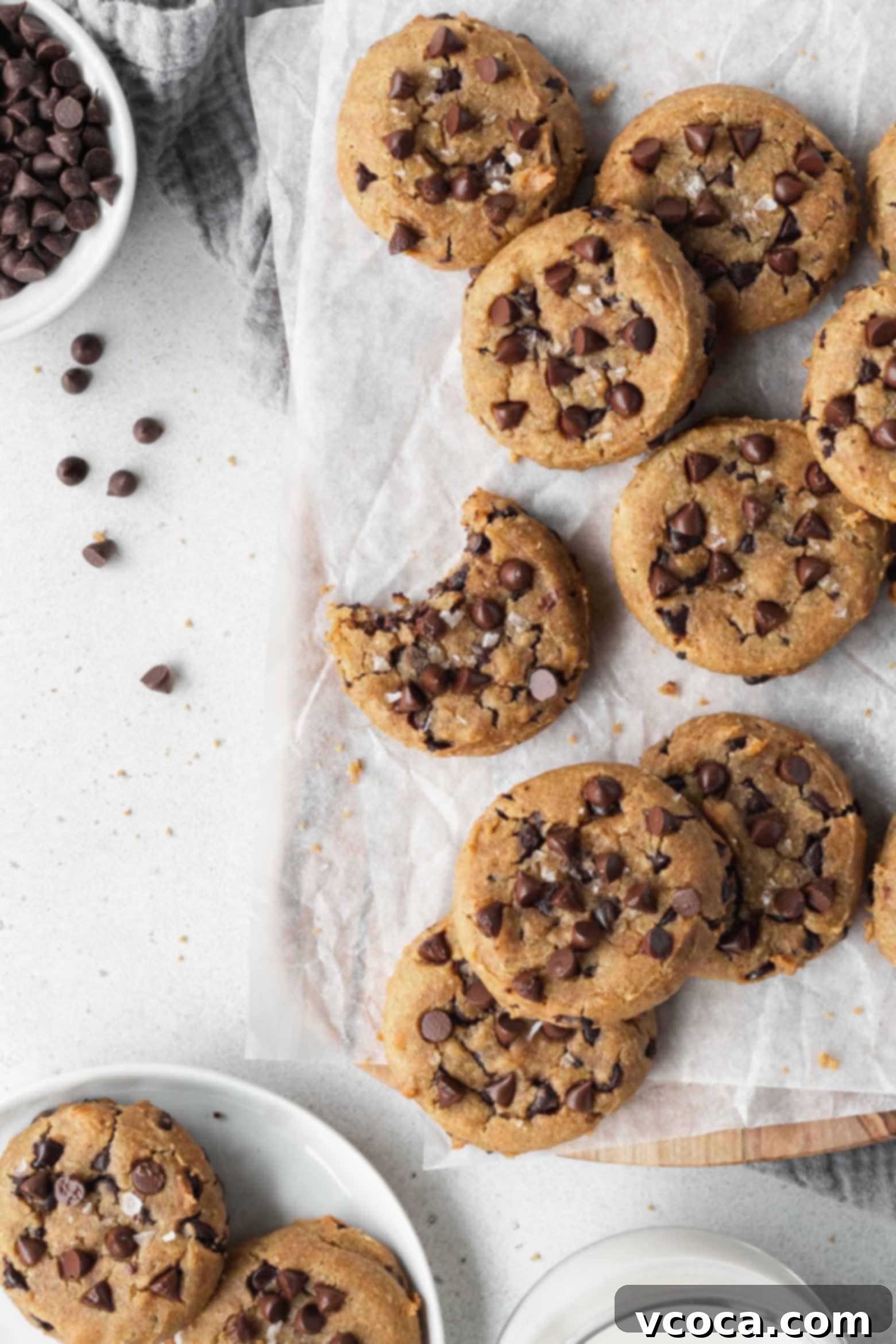 A close-up shot of several freshly baked chocolate chip chickpea cookies casually scattered on a piece of parchment paper, highlighting their delicious texture.