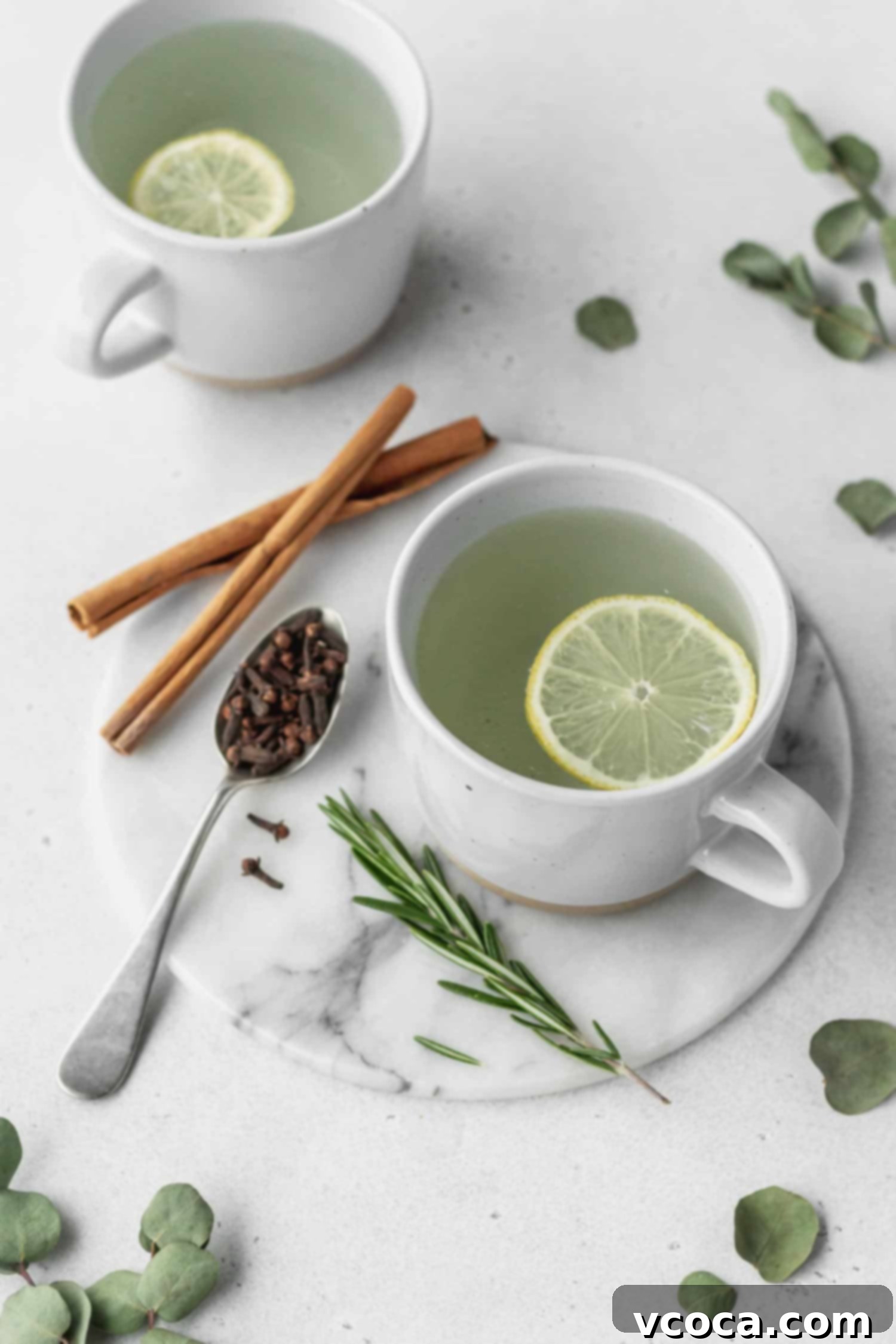Thieves tea in a cozy mug with a lemon slice, ready to boost immunity