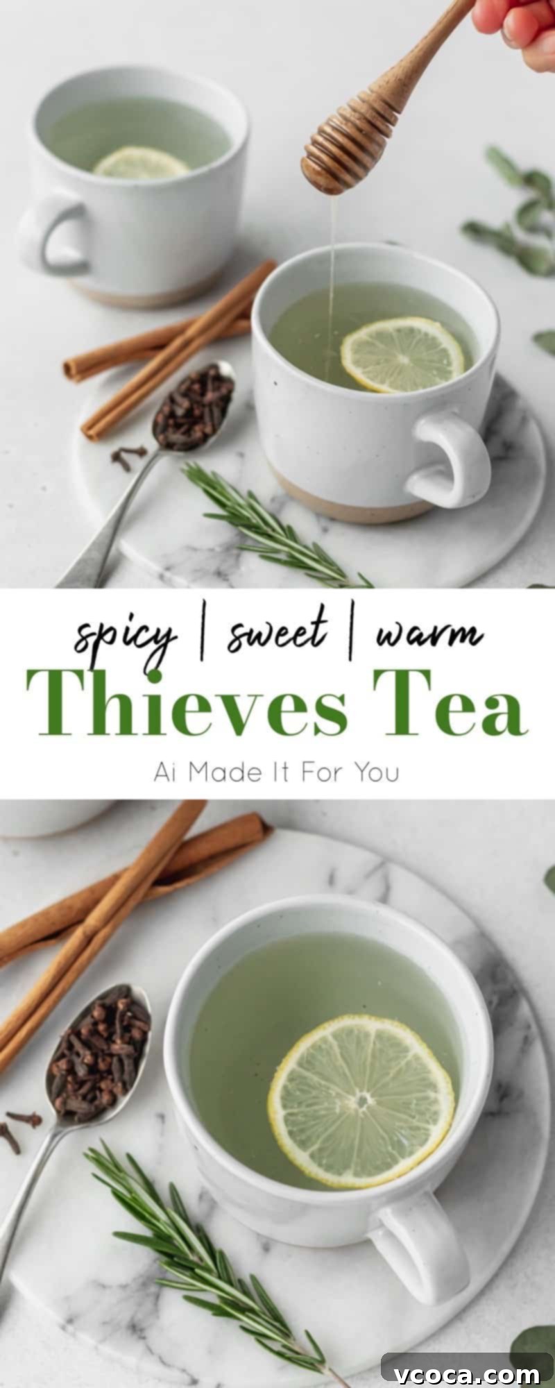 Close-up of Thieves tea with a swirl of honey and a slice of lemon, ready for a cozy moment