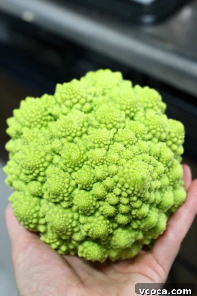 Green Vegan Mac and Cheese Healthy Twist 3 Close-up of a unique romanesco broccoli head, showing its distinct fractal pattern