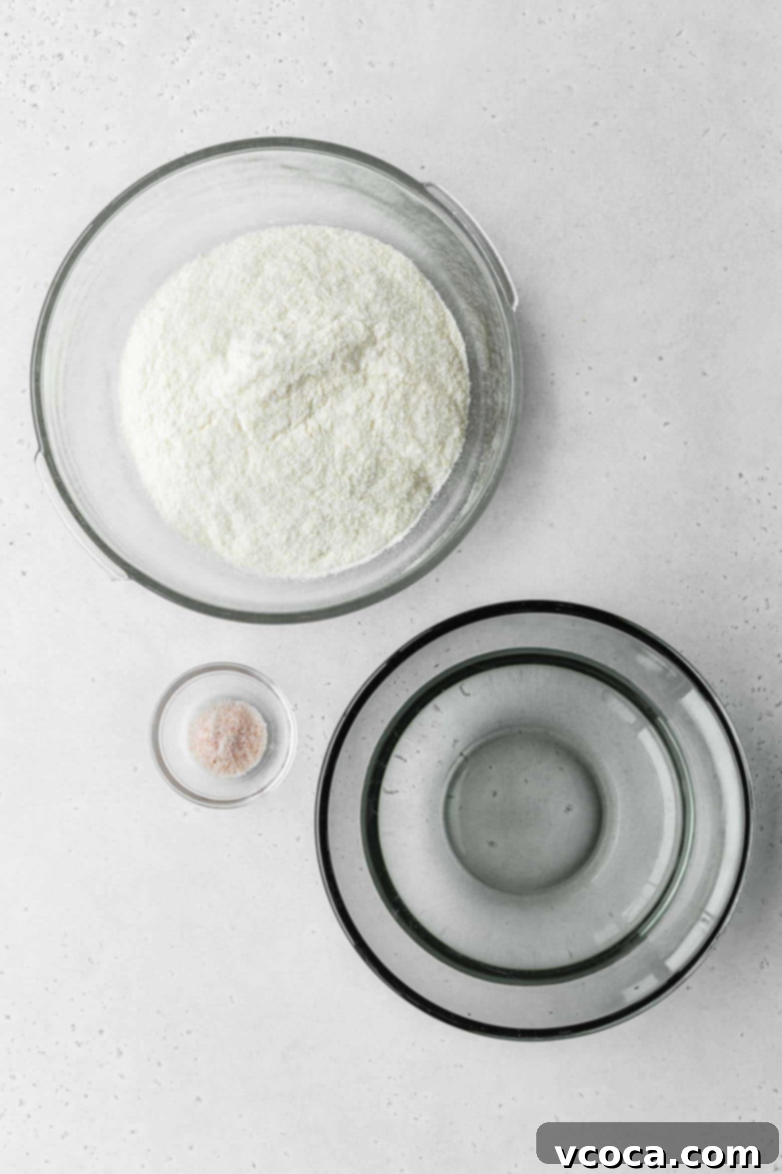 Reina Pepiada Venezuelan Arepas 3 Arepa dough ingredients in small bowls, ready for mixing