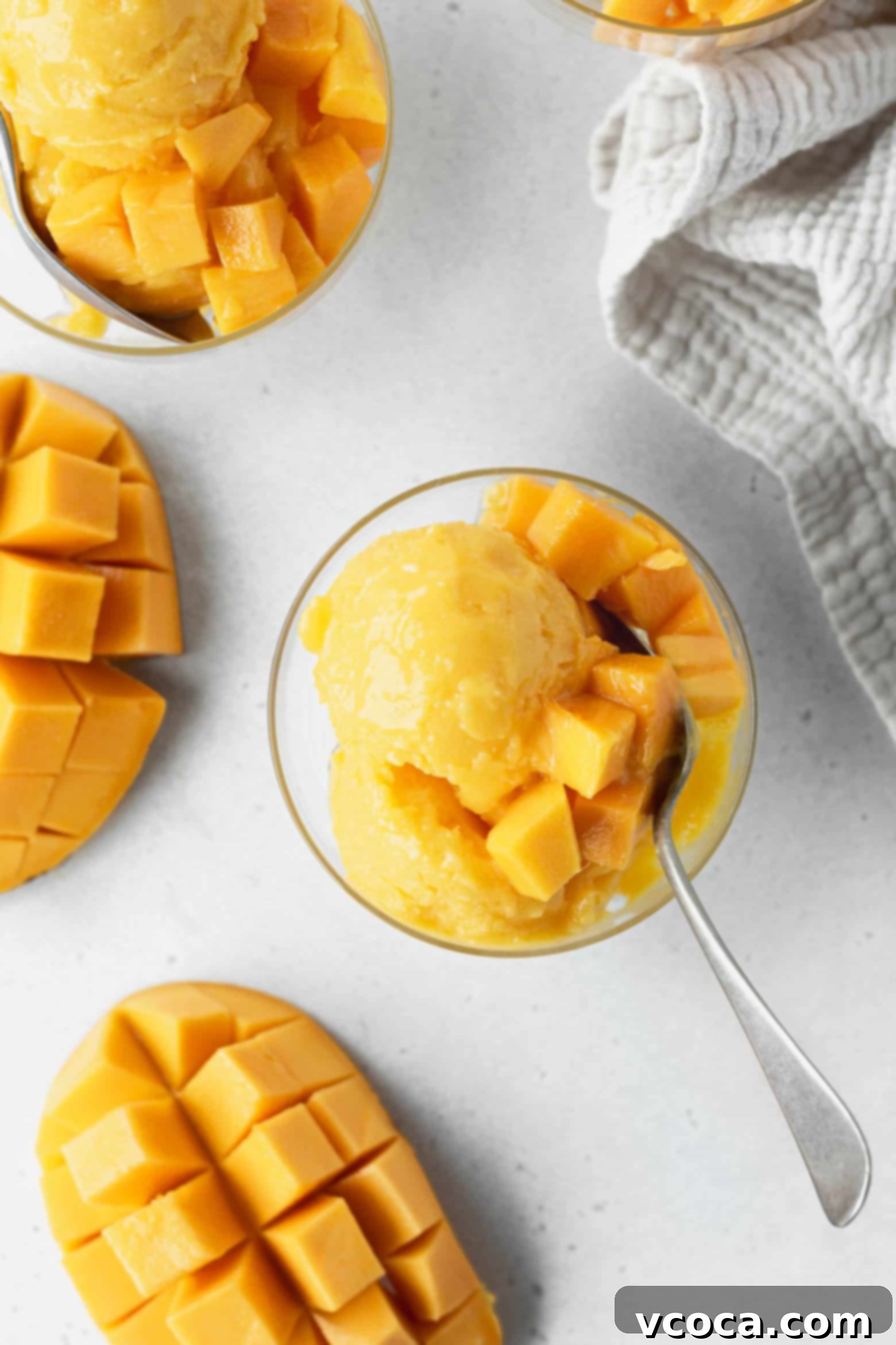 Easy Two Ingredient Mango Sorbet 7 Delicious mango sorbet served in a glass bowl, topped with fresh mango chunks, highlighting its natural goodness and refreshing appeal