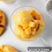Easy Two Ingredient Mango Sorbet 9 Scoops of mango lime sorbet in a glass