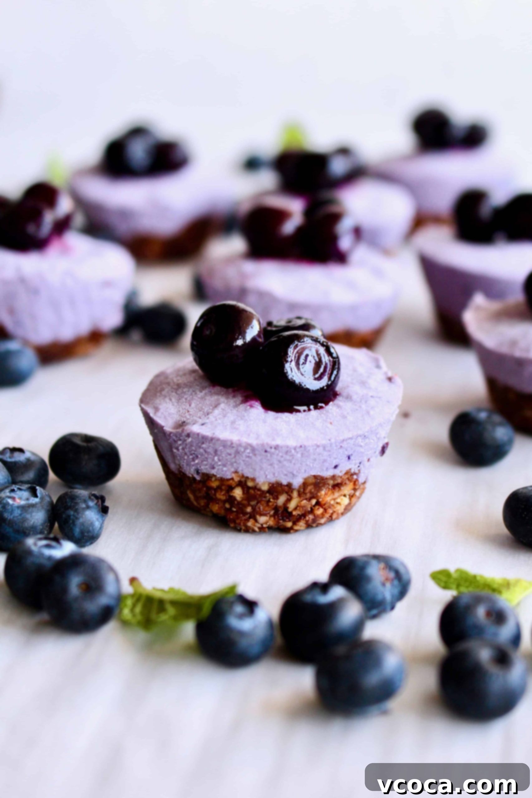 Effortless Blueberry Cheesecake Treats 3 Close-up of blueberry cheesecake bites with fresh blueberries on top and a hint of mint, showing off their perfect individual size.