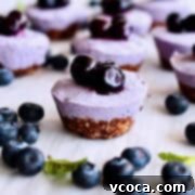 Effortless Blueberry Cheesecake Treats 4 A perfectly formed blueberry cheesecake bite, showcasing its luscious filling and crunchy crust, with fresh blueberries in the foreground.