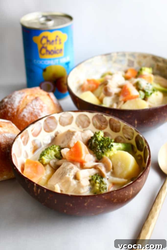 Vegan Japanese Cream Stew with Jackfruit 2 A steaming bowl of Vegan Japanese Cream Stew, garnished with fresh herbs, perfect for fall and winter comfort food. Rich with jackfruit, potatoes, carrots, onions, and broccoli in a creamy, dairy-free sauce.
