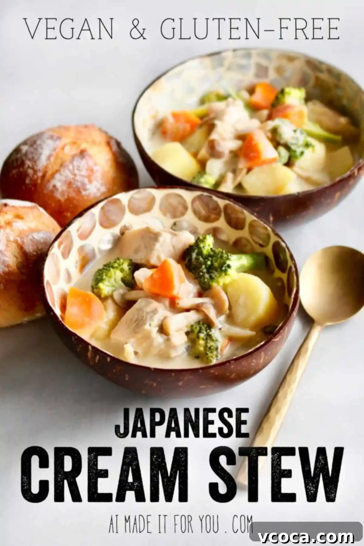 Vegan Japanese Cream Stew with Jackfruit 12 A generous serving of Vegan Japanese Cream Stew in a deep bowl, perfectly ready to be enjoyed. The rich, creamy texture and vibrant vegetables are prominently displayed.
