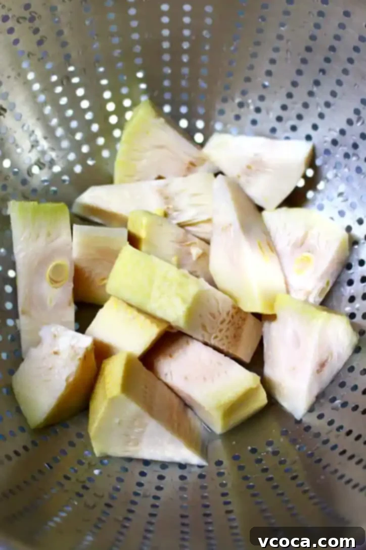 Vegan Japanese Cream Stew with Jackfruit 5 Nature's Charm young green jackfruit freshly removed from the can, ready for preparation. It showcases the raw texture before draining and squeezing.