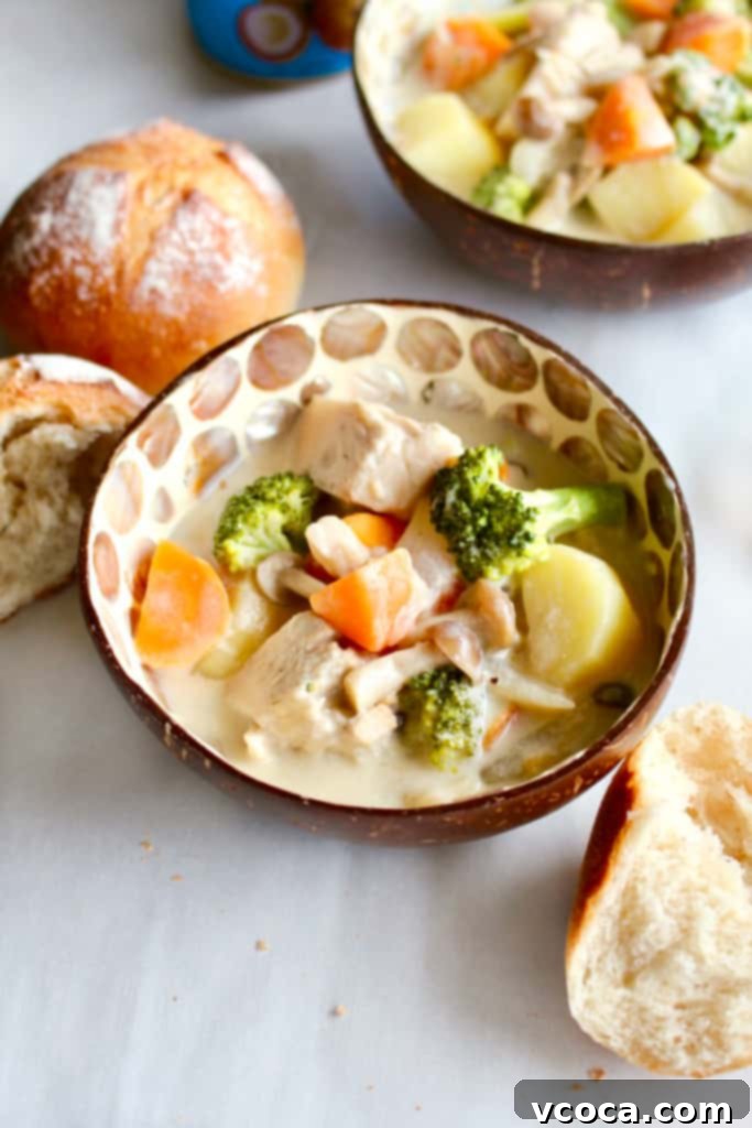 Vegan Japanese Cream Stew with Jackfruit 8 A ladle serving a generous portion of Vegan Japanese Cream Stew into a bowl, emphasizing its thick, creamy consistency and inviting aroma.