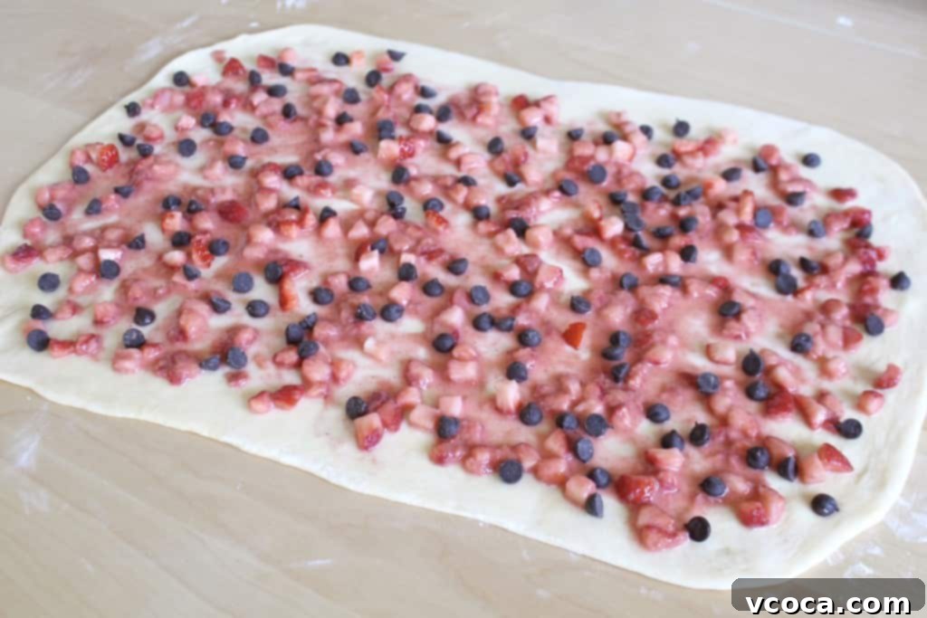Decadent Strawberry Chocolate Rolls 5 Dough rolled out with strawberry and chocolate chip filling spread evenly