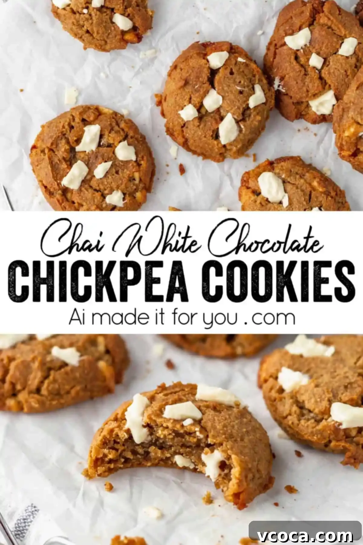 Gluten Free Chai White Chocolate Cookies 11 A stack of three chai white chocolate chickpea cookies on a small plate, ready to be served.