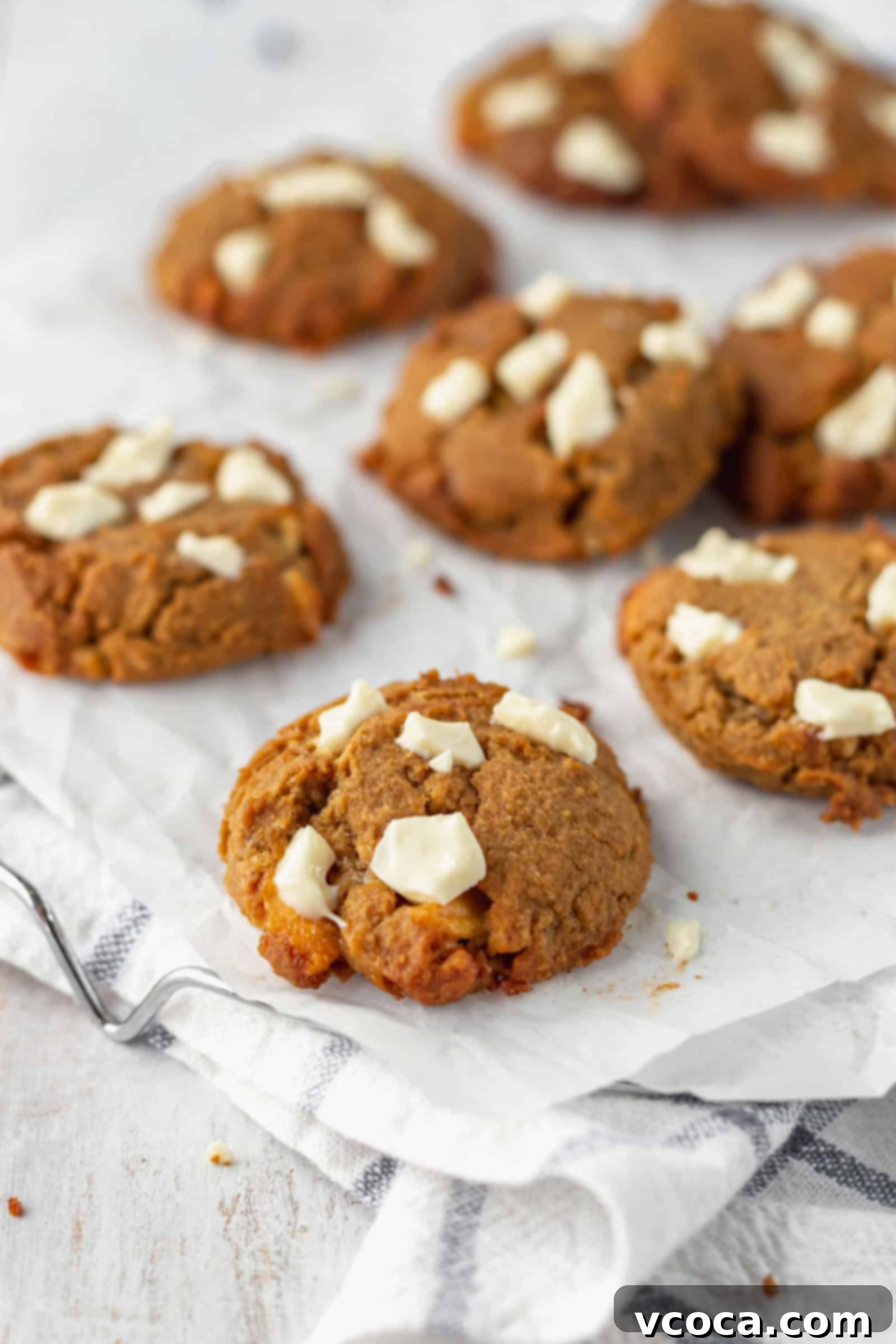 Gluten Free Chai White Chocolate Cookies 4 Two Chai White Chocolate Chickpea Cookies presented on a rustic wooden surface, highlighting their homemade charm and inviting texture.