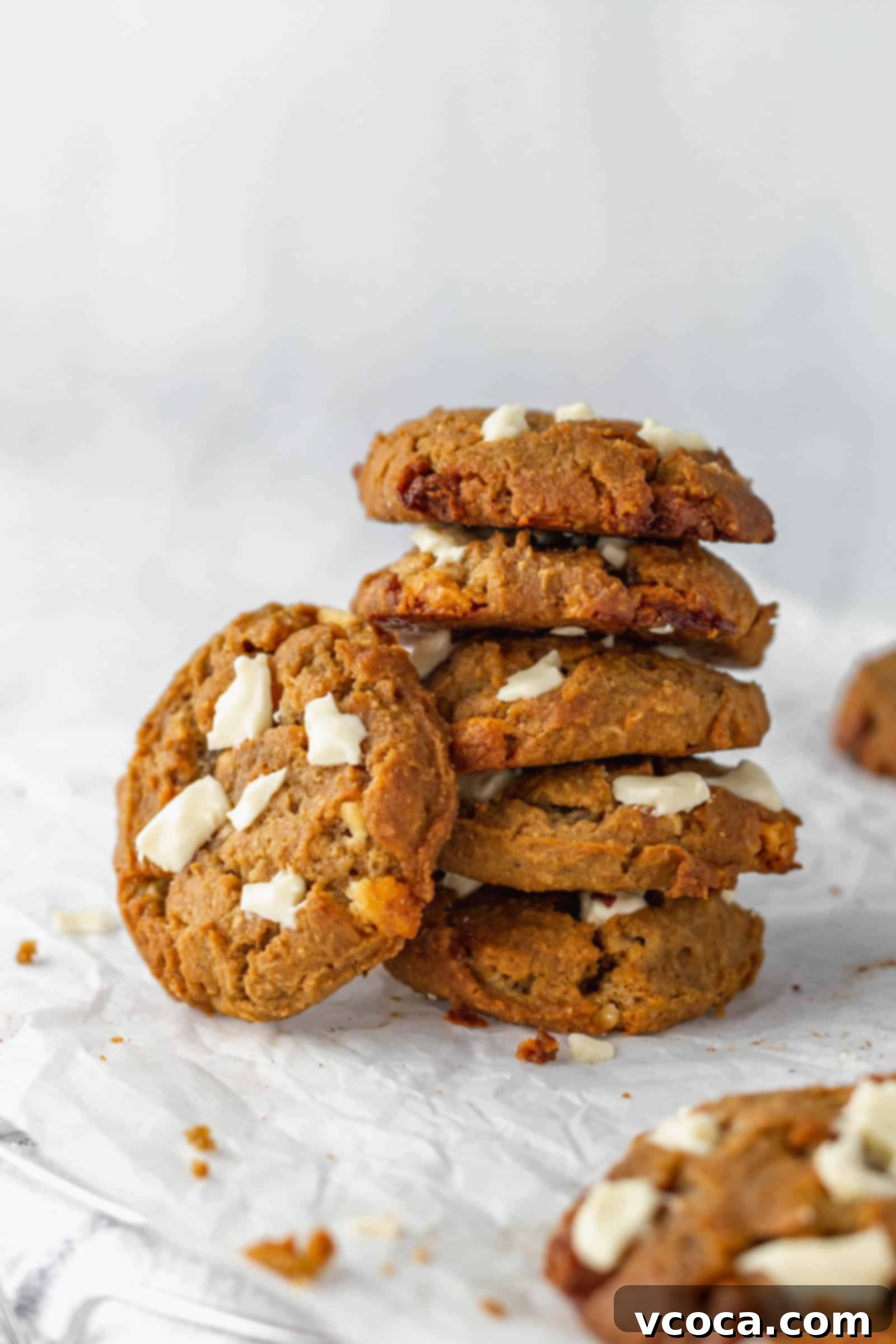 Gluten Free Chai White Chocolate Cookies 9 A stack of chai cookies on parchment paper.
