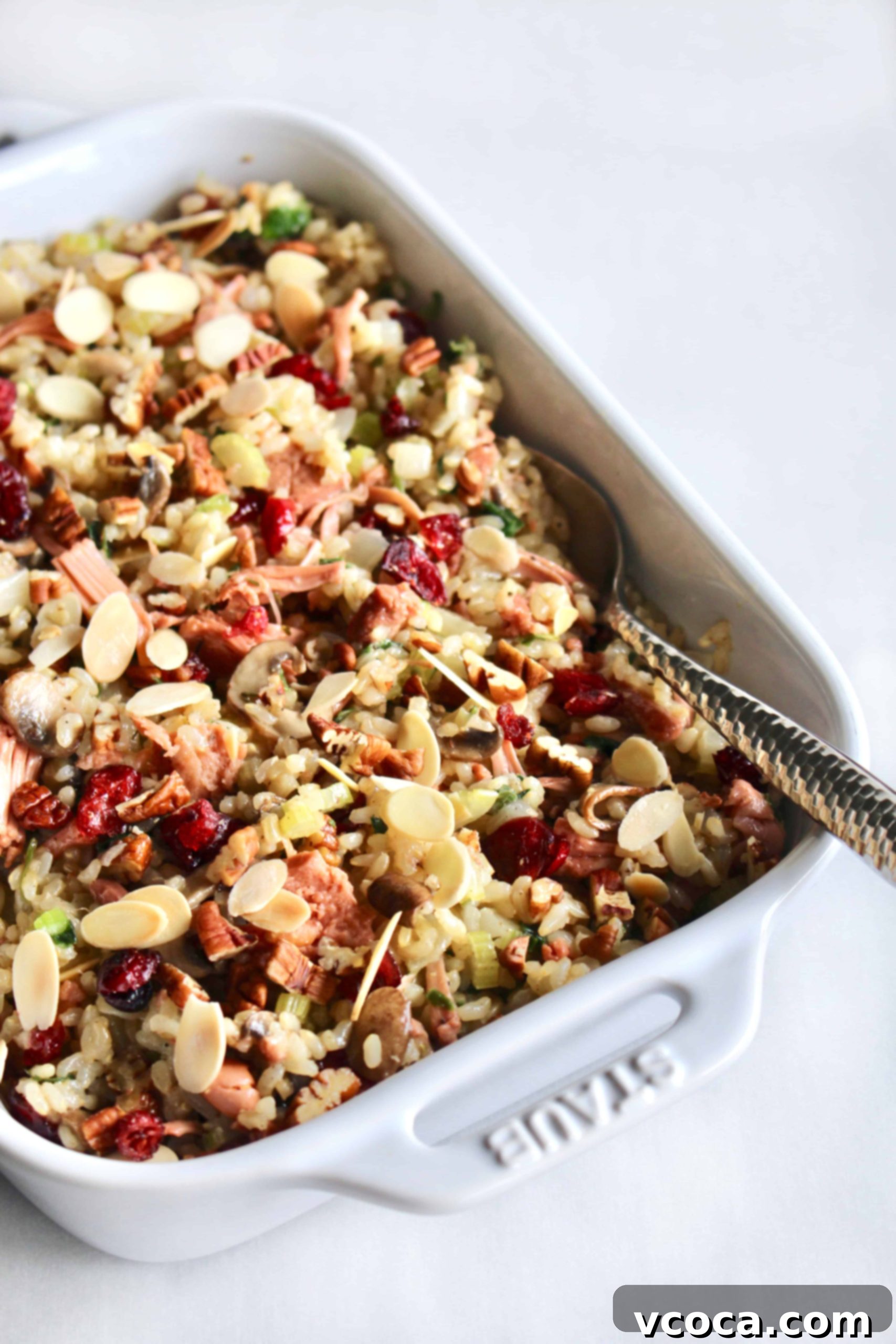 Effortless and Flavorful Vegan Gluten-Free Rice Stuffing 2 This flavorful brown rice stuffing with jackfruit is a perfect vegan and gluten-free alternative to traditional bread stuffing. Packed with vegetables, cranberries, and nuts, it's an ideal holiday side dish for Thanksgiving and Christmas, ensuring everyone can enjoy a delicious, meatless option.