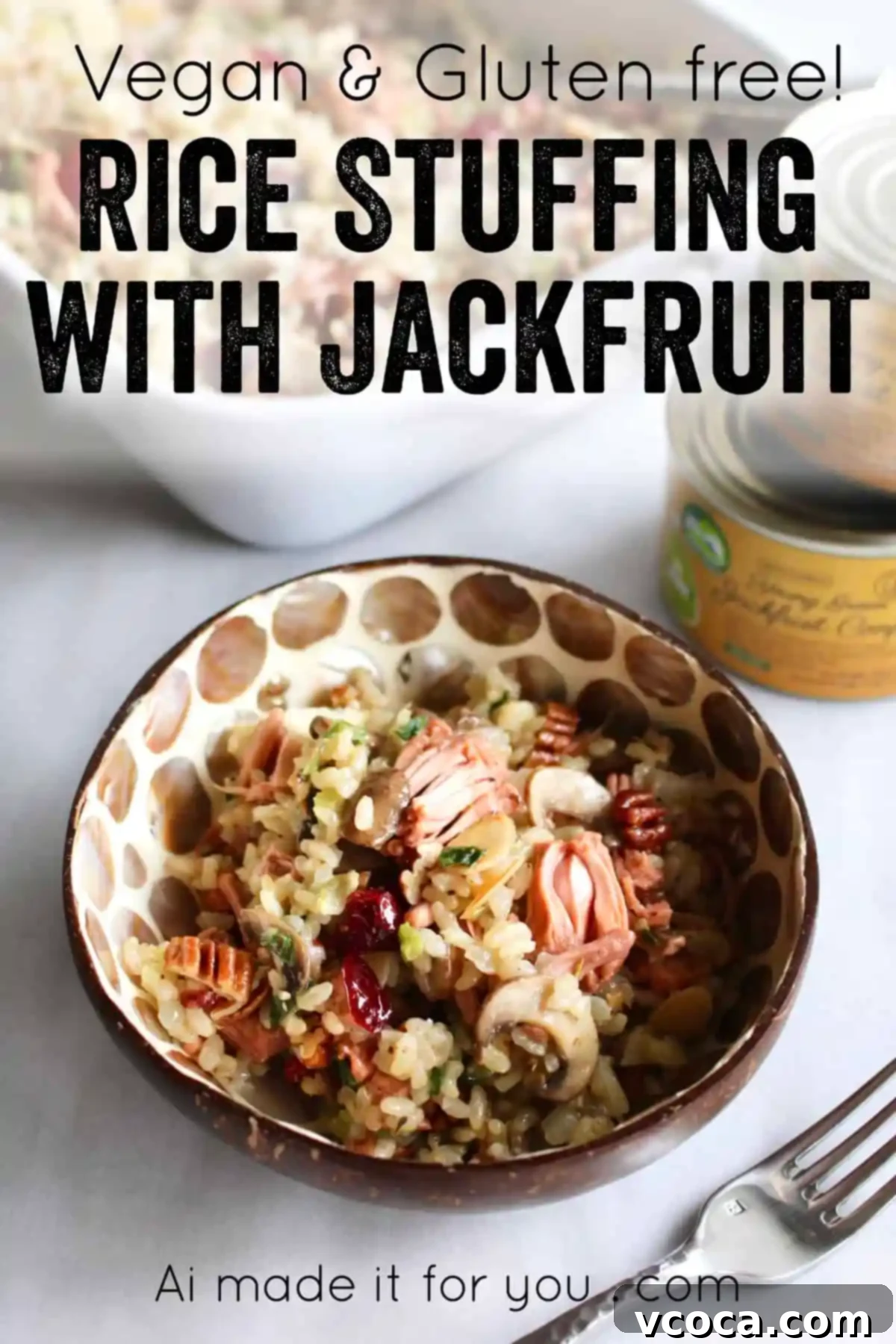 Effortless and Flavorful Vegan Gluten-Free Rice Stuffing 10 A serving of delicious vegan and gluten-free brown rice stuffing with jackfruit, garnished with fresh herbs, perfect for a festive holiday meal.
