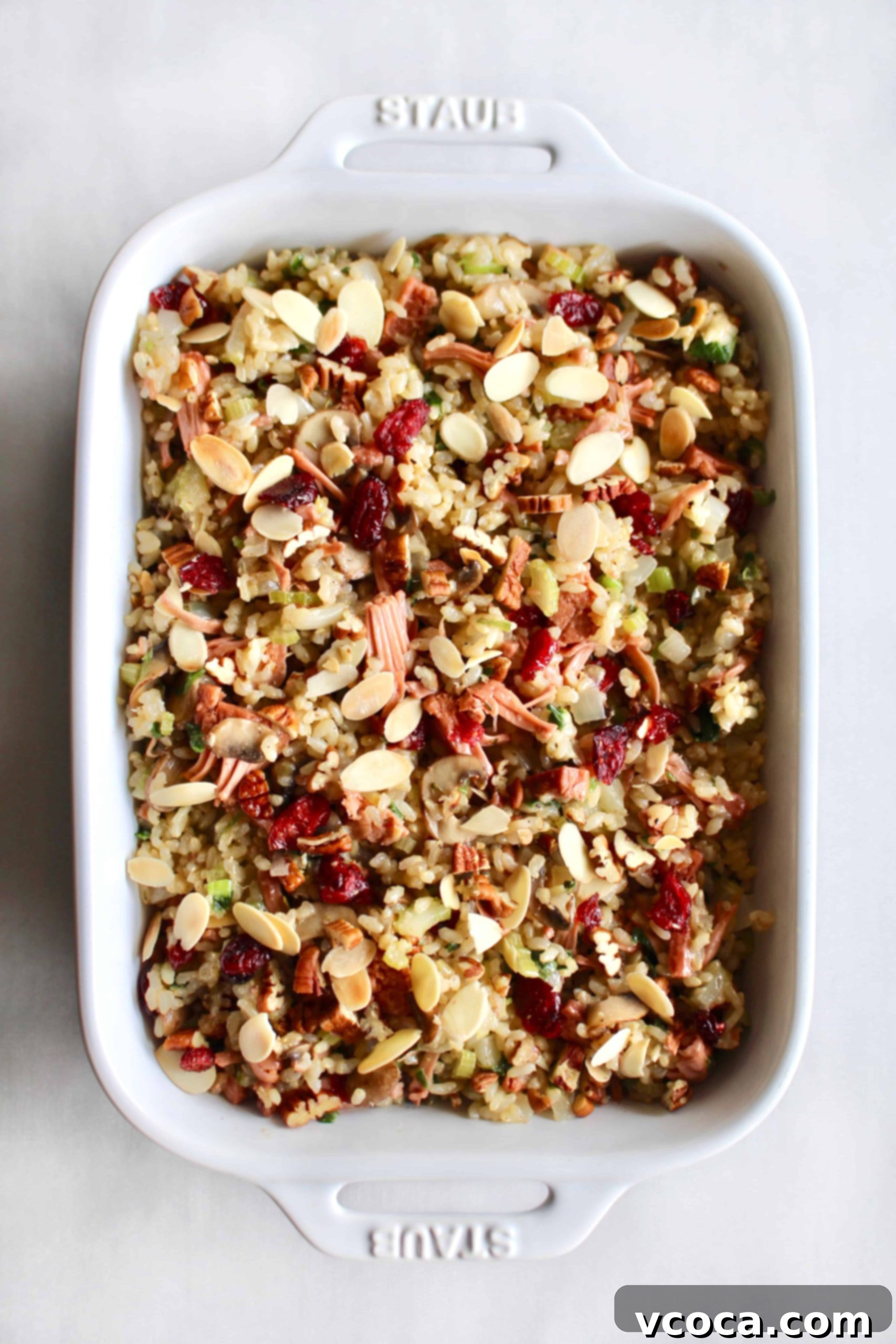 Effortless and Flavorful Vegan Gluten-Free Rice Stuffing 6 The ultimate stovetop vegan and gluten-free brown rice stuffing with jackfruit, shown beautifully plated. This easy holiday recipe combines savory vegetables, sweet cranberries, and crunchy nuts for an unforgettable side dish.