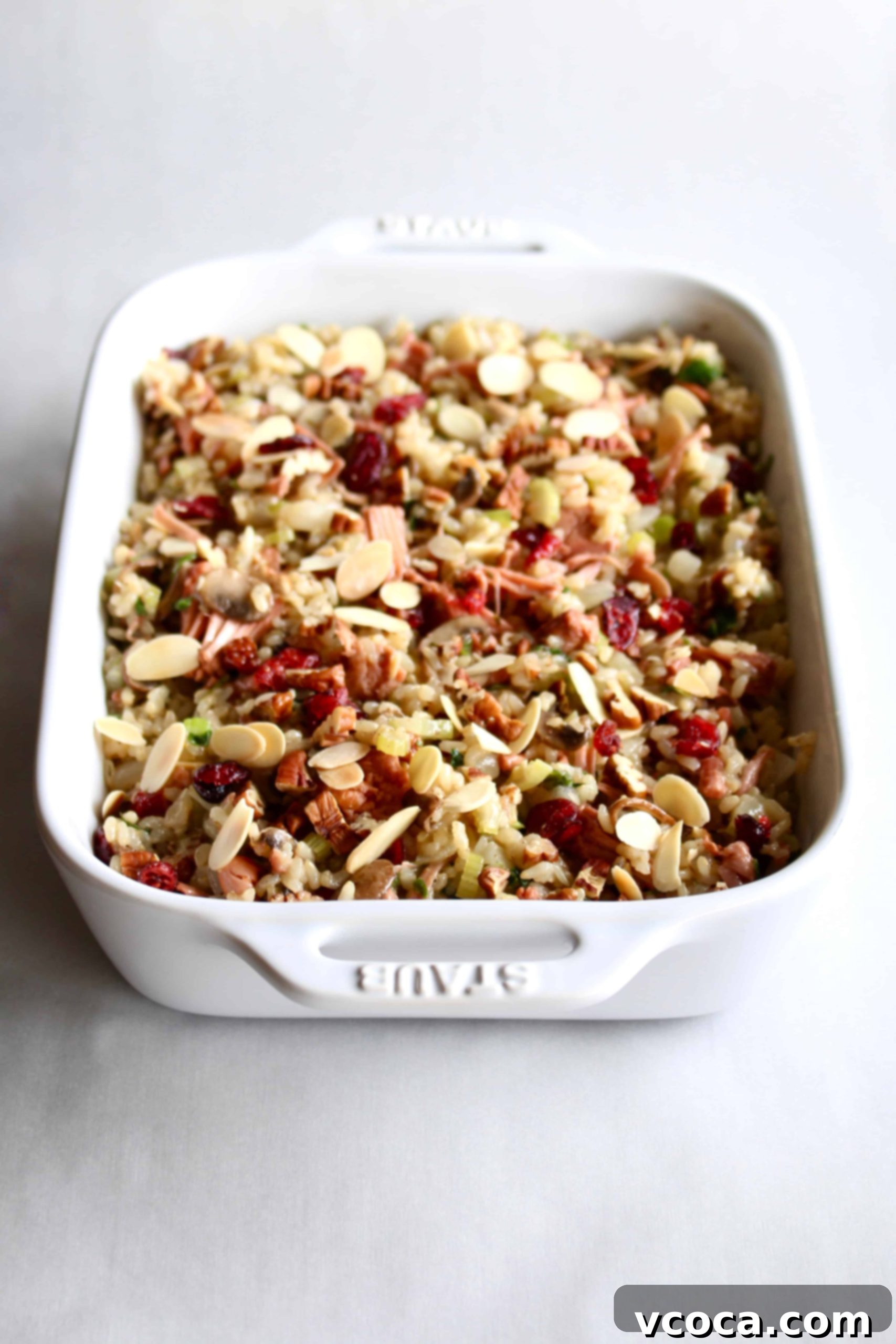Effortless and Flavorful Vegan Gluten-Free Rice Stuffing 8 A close-up of the fully prepared vegan and gluten-free jackfruit rice stuffing, beautifully garnished and ready to serve. This healthy, plant-based stuffing is ideal for a festive holiday spread.