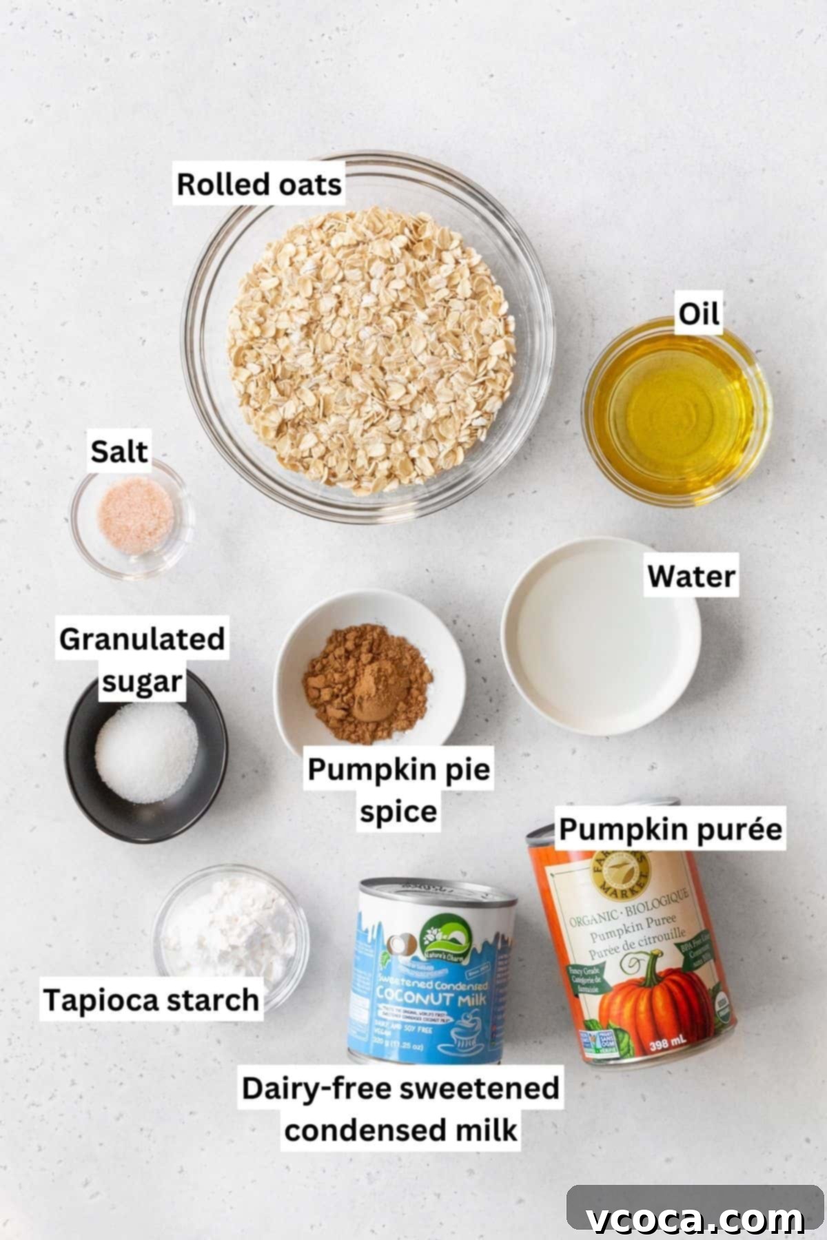 Decadent Vegan Pumpkin Pie 3 Ingredients for vegan pumpkin pie measured out into bowls with text overlay.