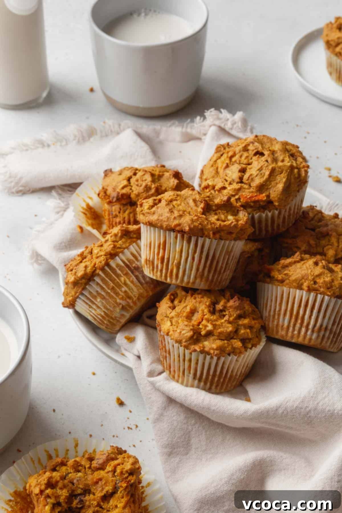 Vibrant Morning Glory Muffins Healthy Gluten Free 2 A beautiful pile of healthy vegan morning glory muffins on a white table with a glass of plant-based milk in the background. The muffins are golden brown, flecked with carrots and nuts, promising a moist and flavorful experience.