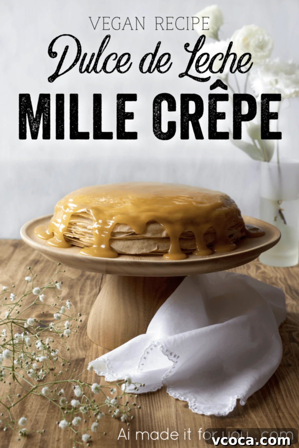 Golden Vegan Dulce de Leche Mille Crepe Cake 11 The full Vegan Dulce de Leche Mille Crepe Cake on a stand, ready to be sliced and served.