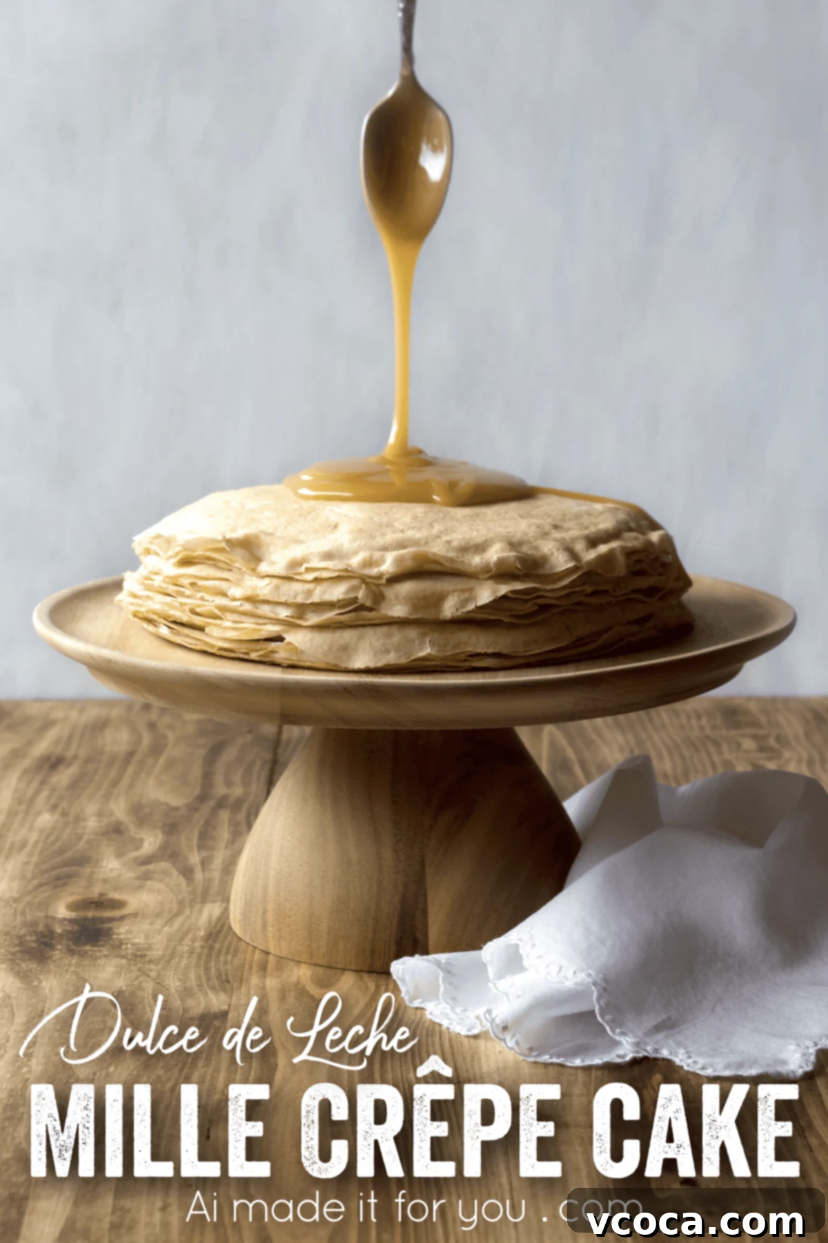 Golden Vegan Dulce de Leche Mille Crepe Cake 13 Another view of the beautifully layered Vegan Dulce de Leche Mille Crepe Cake, highlighting its stunning presentation.