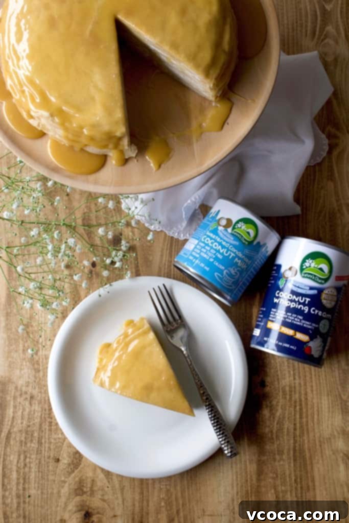 Golden Vegan Dulce de Leche Mille Crepe Cake 9 Layers of delicate crepes and fluffy coconut whipped cream, creating a stunning vegan mille crepe cake, topped with a rich dulce de leche drizzle.