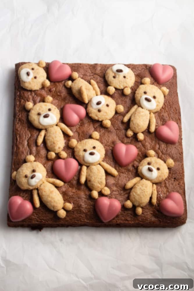 Sweetheart Teddy Bear Brownies 3 A close-up view of the cakey brownies, highlighting their deep chocolate color and preparing for the adorable oatmeal cookie teddy bear topping.