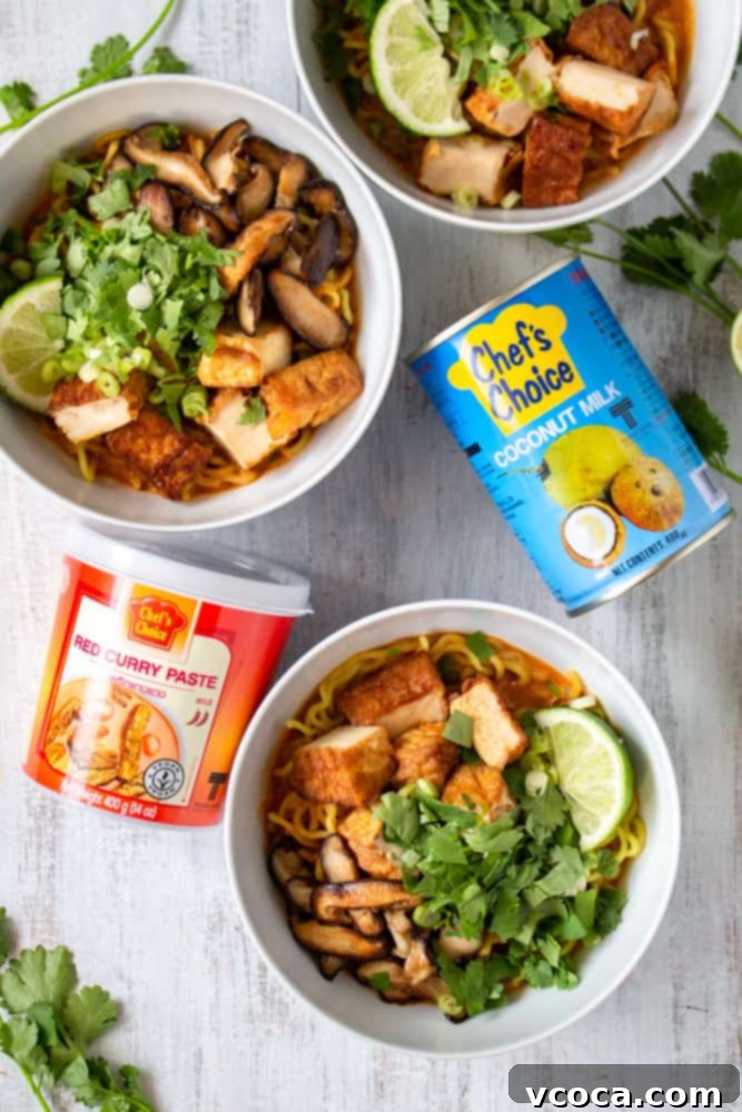 Quick and Easy Vegan Thai Red Curry Ramen 4 Essential ingredients for vegan Thai red curry ramen: red curry paste, coconut milk, and fresh produce.