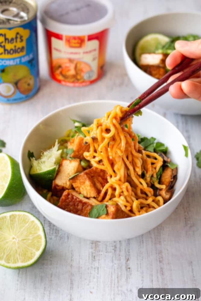 Quick and Easy Vegan Thai Red Curry Ramen 9 A vibrant bowl of vegan ramen, highlighting its creamy, spicy, and tangy characteristics.