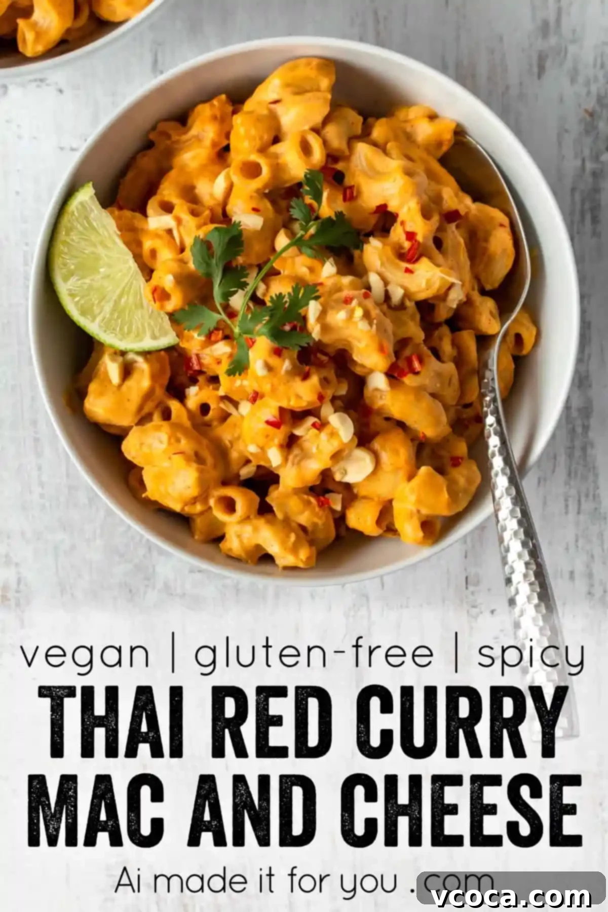 One Pot Vegan Red Curry Mac and Cheese 12 A top-down view of a serving of vegan red curry mac and cheese, garnished with fresh cilantro, ready to be enjoyed.