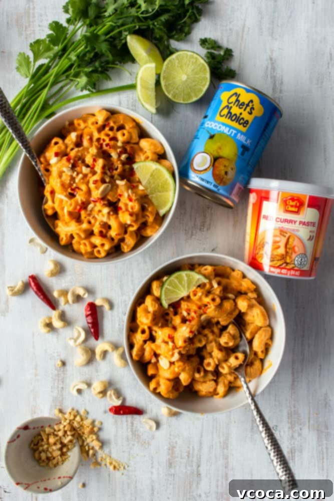 One Pot Vegan Red Curry Mac and Cheese 4 Ingredients for vegan red curry mac and cheese including macaroni, raw cashews, coconut milk, red curry paste, lime, nutritional yeast, and miso paste.