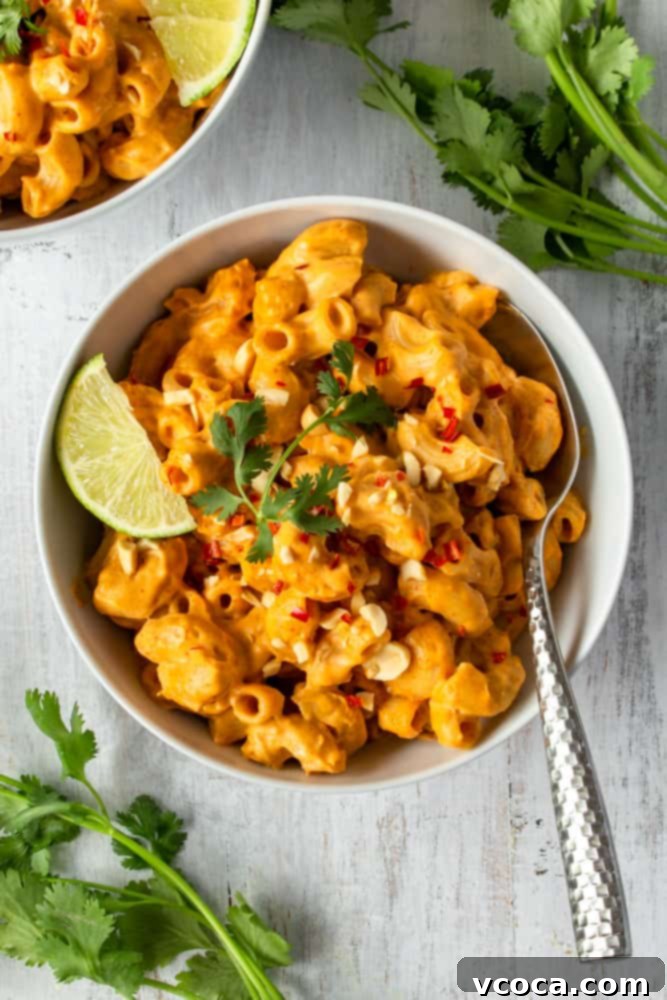 One Pot Vegan Red Curry Mac and Cheese 8 Freshly cooked vegan red curry mac and cheese in a pot, being stirred to combine the creamy, spicy sauce with the elbow macaroni.