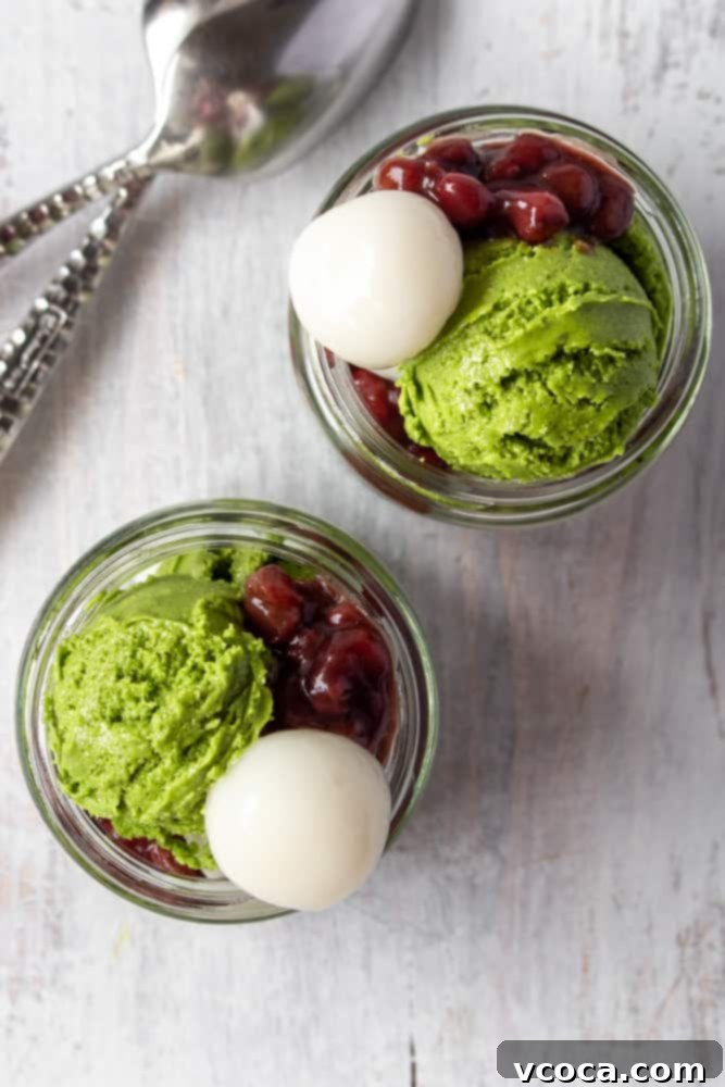 Pearl Rice Dumplings 16 Two jars with matcha ice cream, shiratama, and red bean paste.