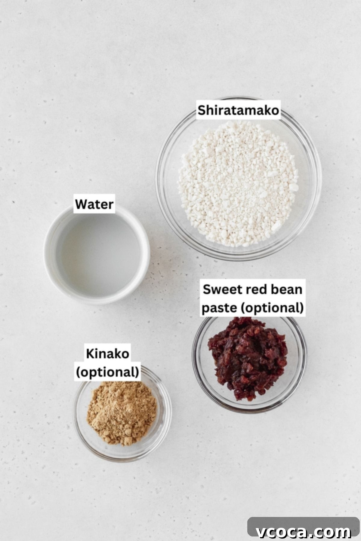 Pearl Rice Dumplings 5 Ingredients to make shiratama measured into small bowls on a white surface.