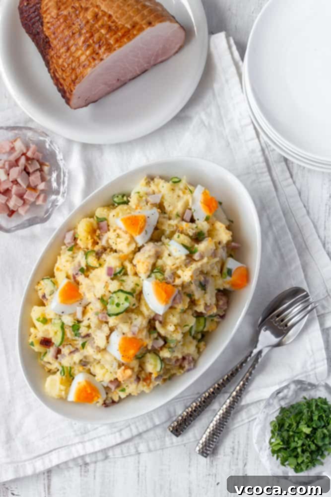 Creamy Potato Salad with Hard-Boiled Eggs 3 A good potato salad is a must-have at any BBQ! My mom’s potato salad is the best: Japanese style with a twist that’s low on mayo and has boiled eggs! #potatosalad #mom’spotatosalad #thebestpotatosalad #dairyfree #glutenfree #bbq #sidedish