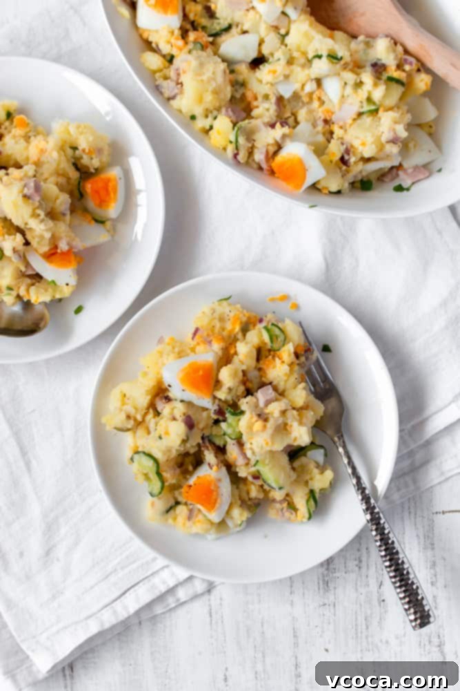 Creamy Potato Salad with Hard-Boiled Eggs 5 A good potato salad is a must-have at any BBQ! My mom’s potato salad is the best: Japanese style with a twist that’s low on mayo and has boiled eggs! #potatosalad #mom’spotatosalad #thebestpotatosalad #dairyfree #glutenfree #bbq #sidedish